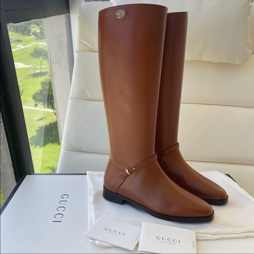 NEW GUCCI ROSIE BROWN LEATHER LOGO RIDING BOOTS 36